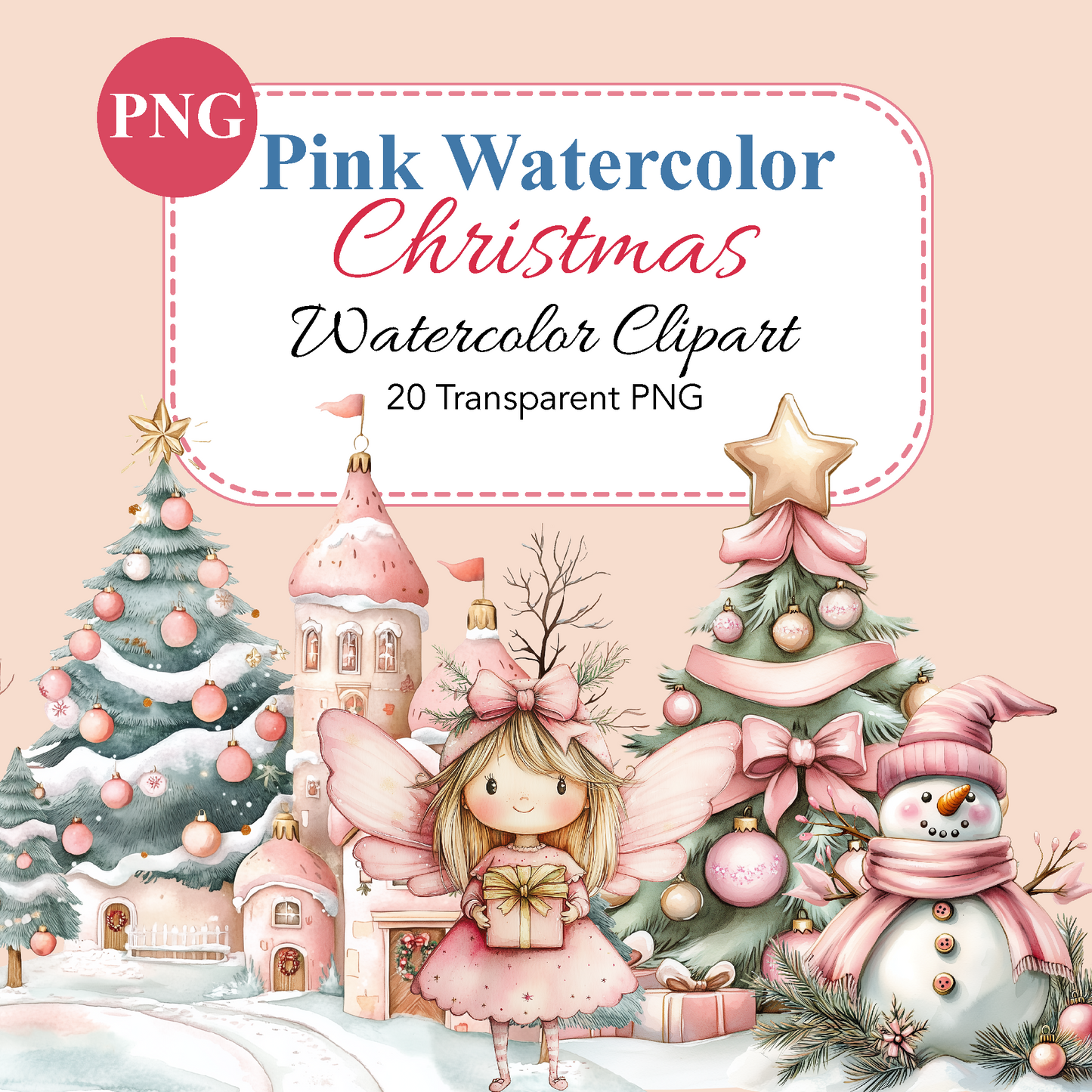 Pink Watercolor Christmas Clipart | High-Quality Digital Download | 10x10 inches PNG