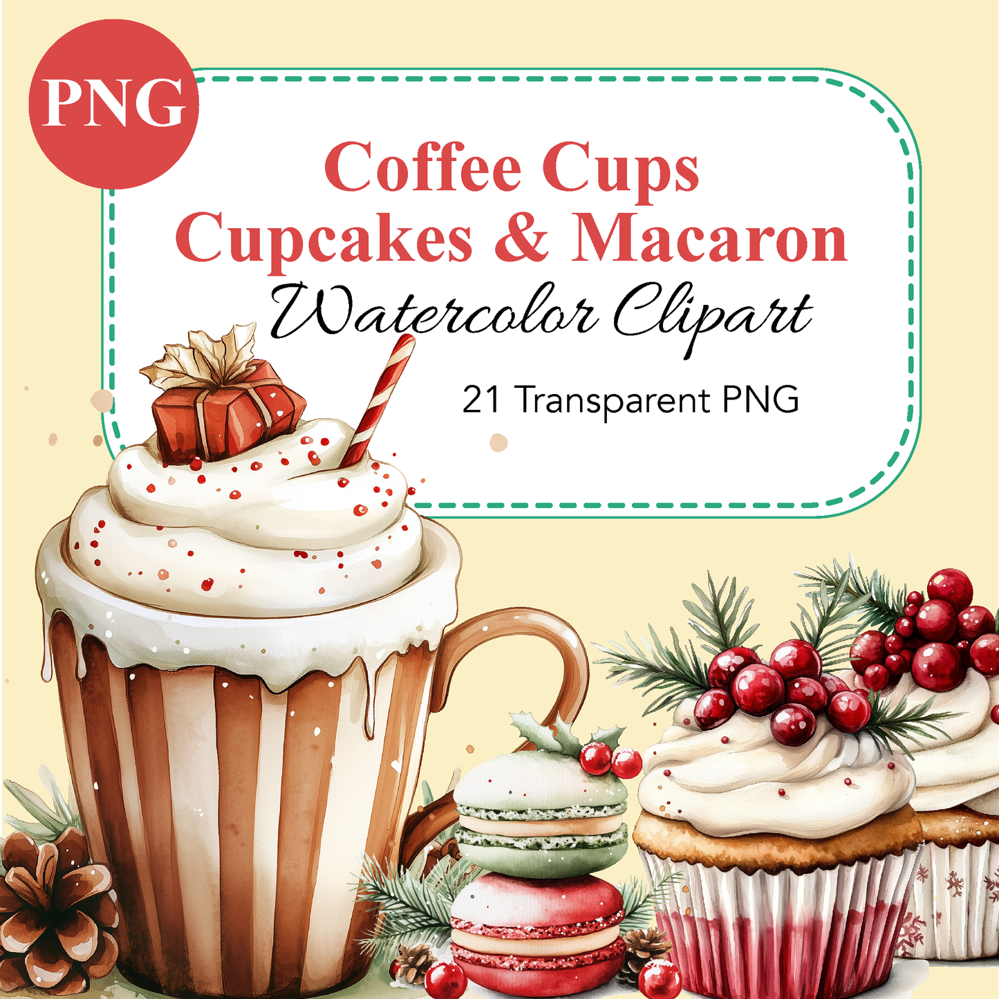 Christmas Watercolor Coffee Cups, Cupcakes & Macarons Clipart | High-Quality 10x10 Inches PNG