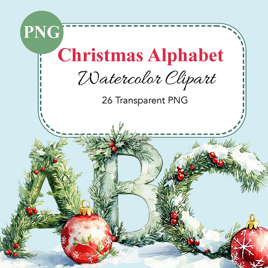 Watercolor Christmas Alphabet | High-Quality Digital Download | 10x10 inches PNG