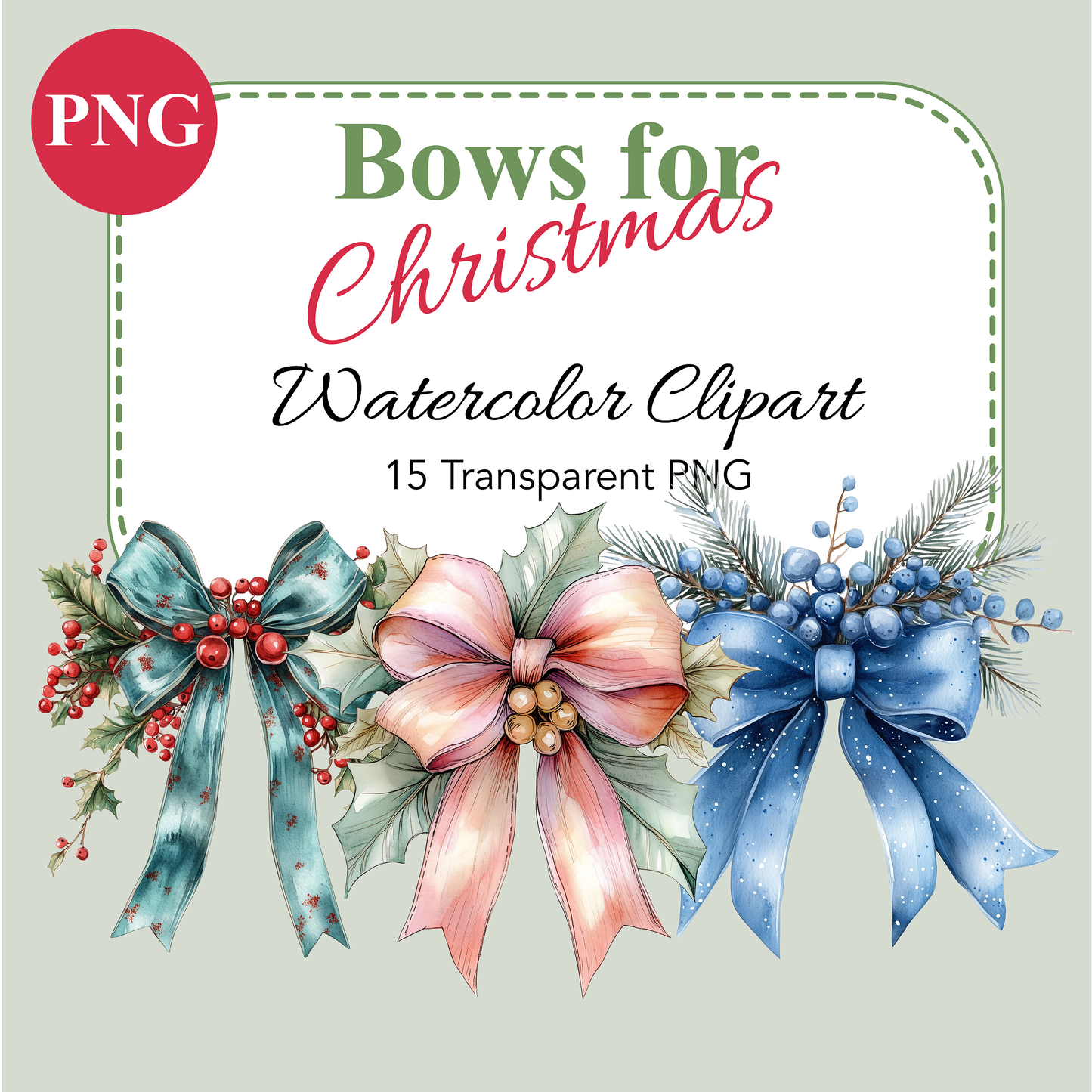 Watercolor Christmas Bows | High-Quality Digital Download | 10x10 inches PNG