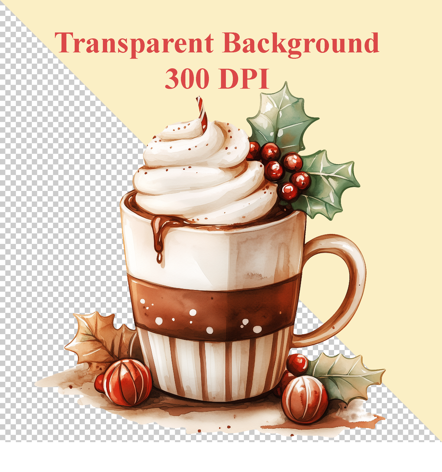 Christmas Watercolor Coffee Cups, Cupcakes & Macarons Clipart | High-Quality 10x10 Inches PNG