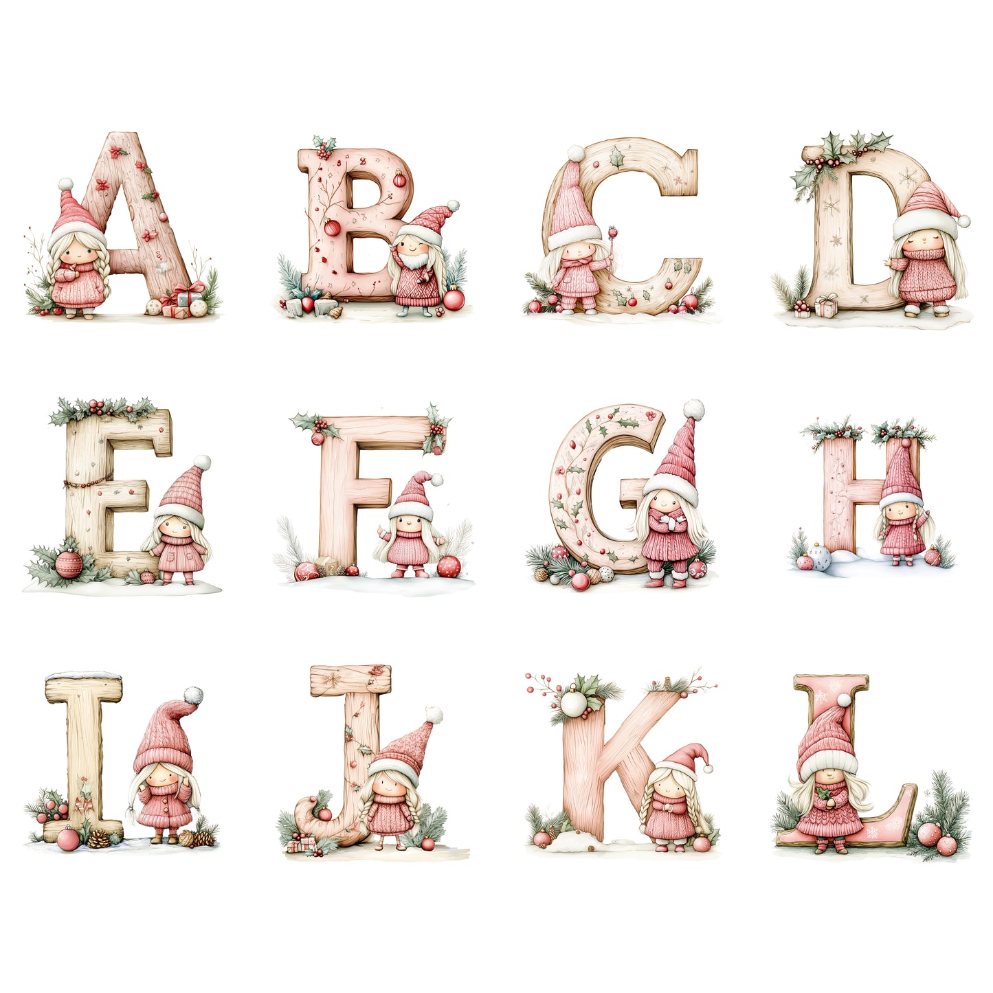 Watercolor Christmas Alphabet Gnomess | High-Quality Digital Download | 10x10 inches PNG