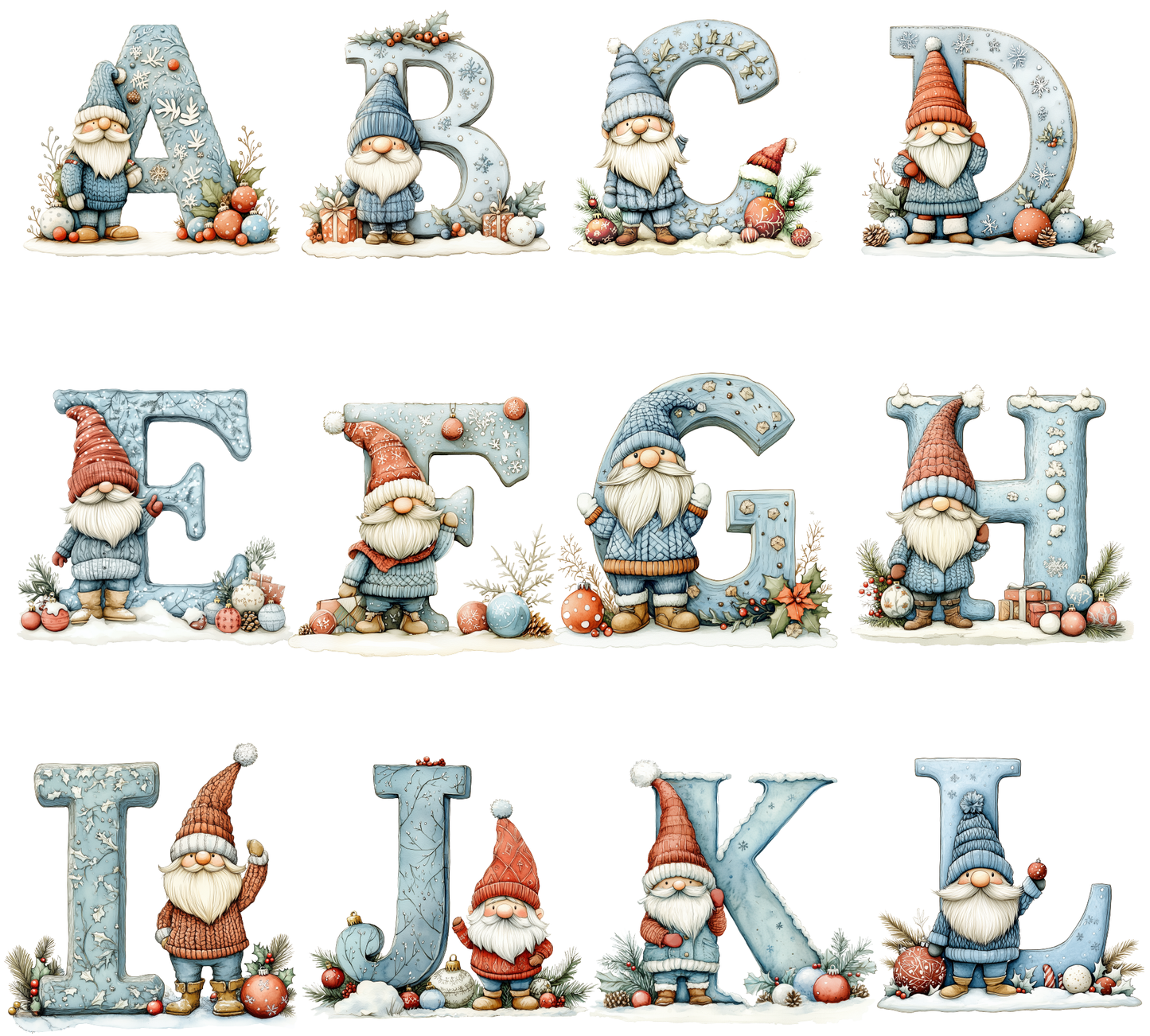 Watercolor Christmas Alphabet Gnome | High-Quality Digital Download | 10x10 inches PNG