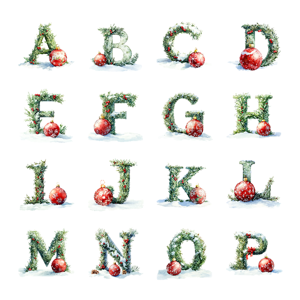 Watercolor Christmas Alphabet | High-Quality Digital Download | 10x10 inches PNG