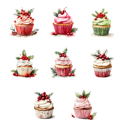 Christmas Watercolor Coffee Cups, Cupcakes & Macarons Clipart | High-Quality 10x10 Inches PNG