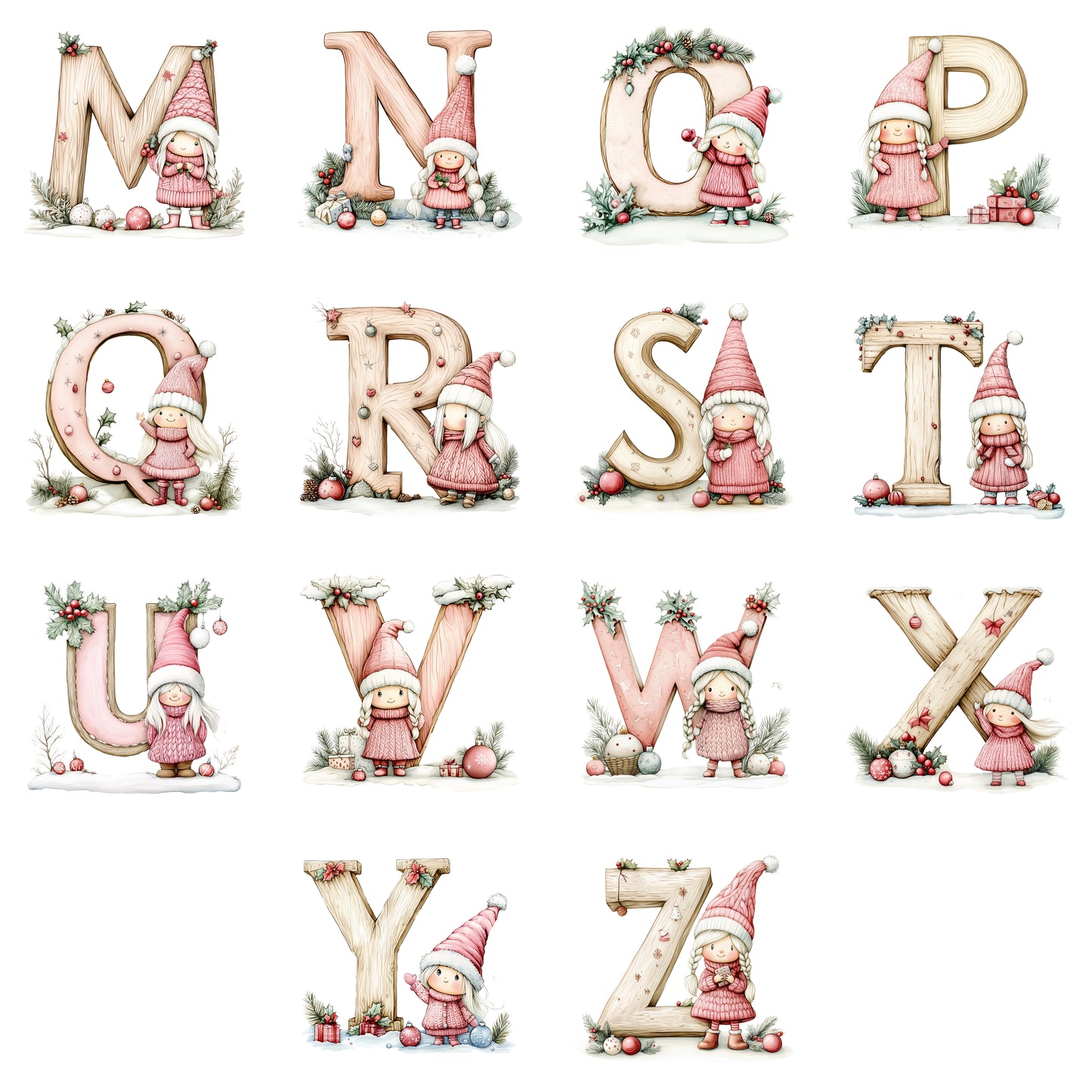 Watercolor Christmas Alphabet Gnomess | High-Quality Digital Download | 10x10 inches PNG