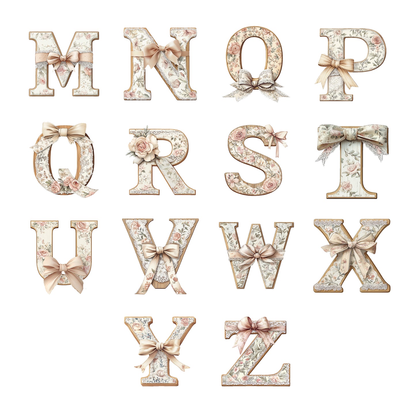 Wood Alphabet Decorated with Bows | High-Quality Digital Download | 10x10 inches PNG