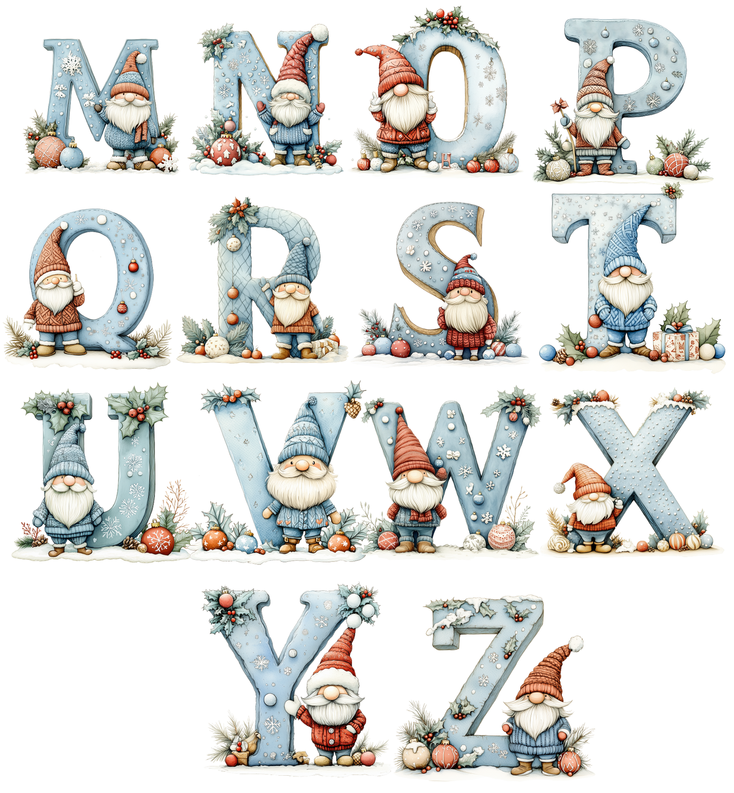 Watercolor Christmas Alphabet Gnome | High-Quality Digital Download | 10x10 inches PNG