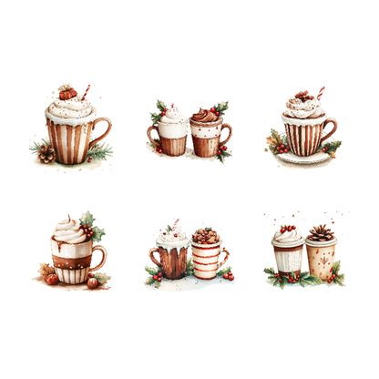 Christmas Watercolor Coffee Cups, Cupcakes & Macarons Clipart | High-Quality 10x10 Inches PNG